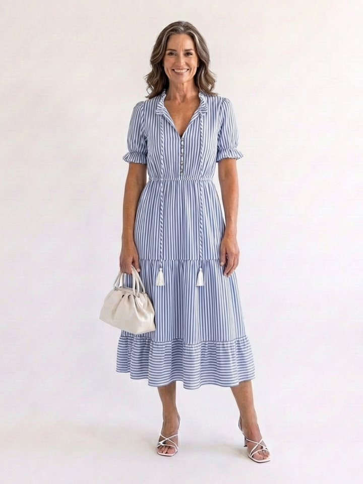 Dakota | Vestito midi con strati a righe e maniche corte