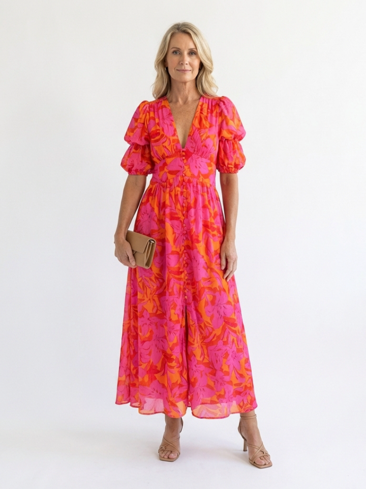 Alessia  | Vestito midi con stampa floreale, scollo a V e maniche a sbuffo
