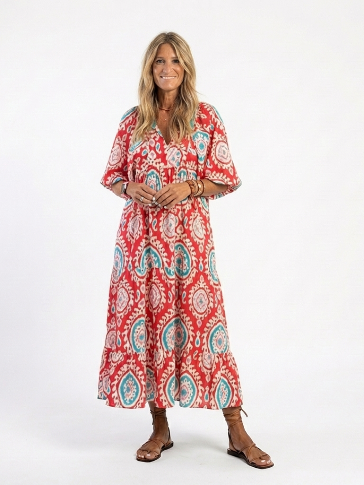 Zoe  | Vestito midi a manica corta con scollo a V e stampa Paisley