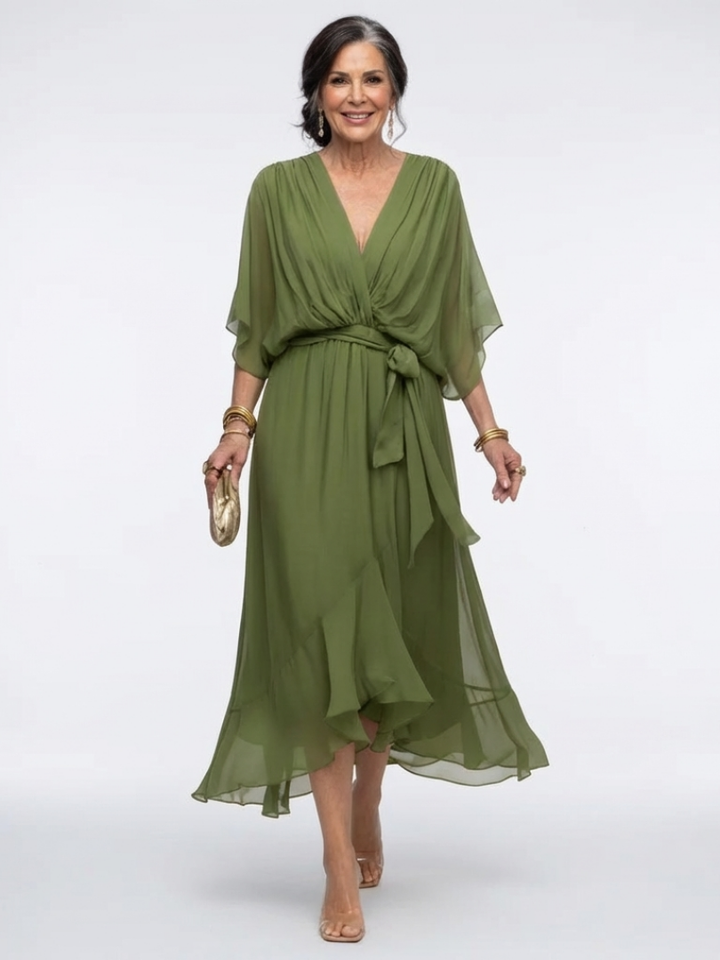 Jade | Abito midi con scollo a V, vita drappeggiata e fiocco