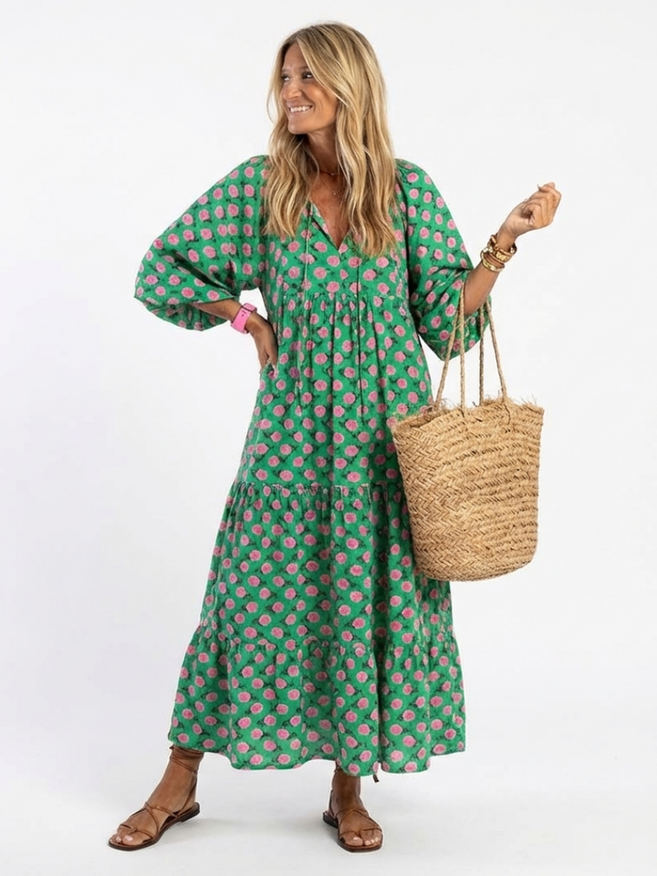 Fiora | Vestito midi con stampa floreale, scollo a V e strati