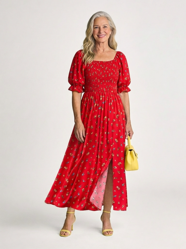 Yasmin | Vestito midi con colletto quadrato, stampa floreale e maniche a sbuffo
