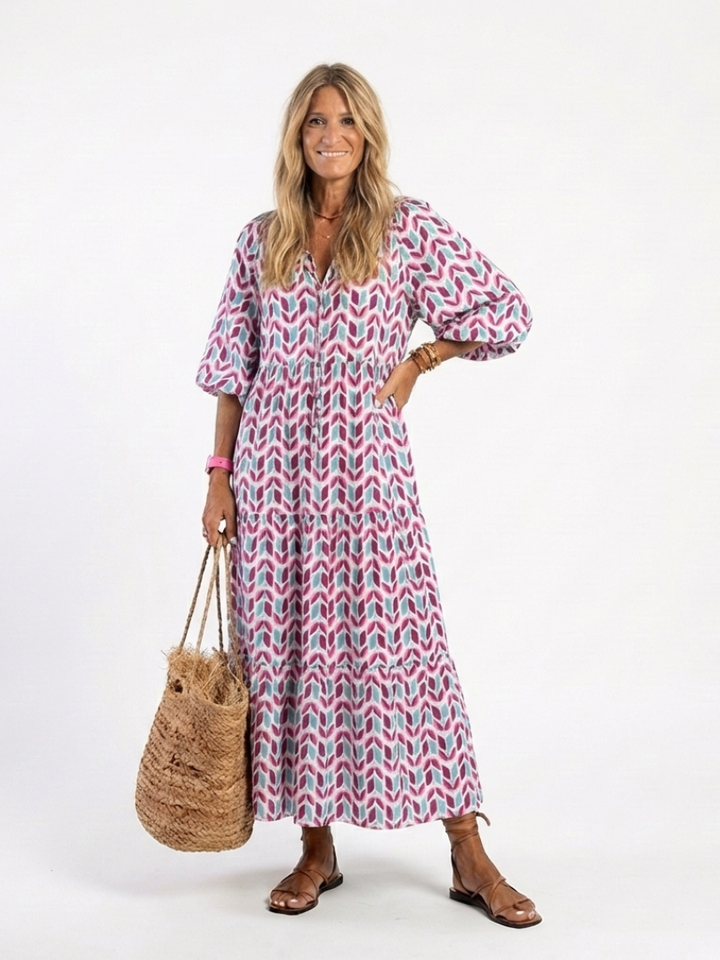 Nadia | Vestito midi a maniche lunghe con strati e stampa geometrica