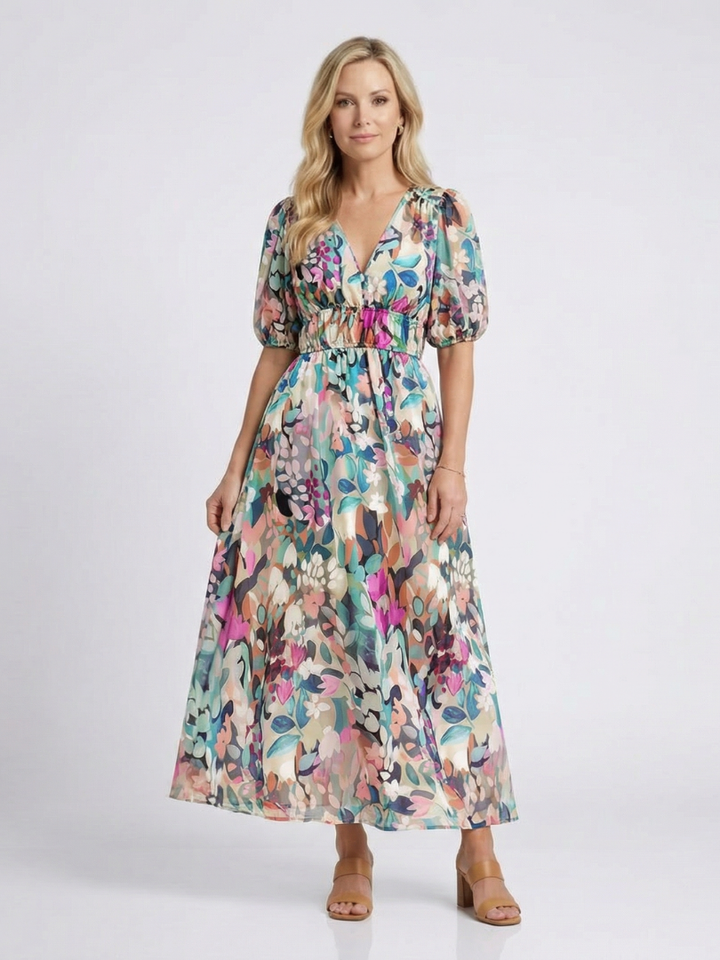 Eulalia | Vestito midi a manica corta con scollo a V e arricciatura in vita