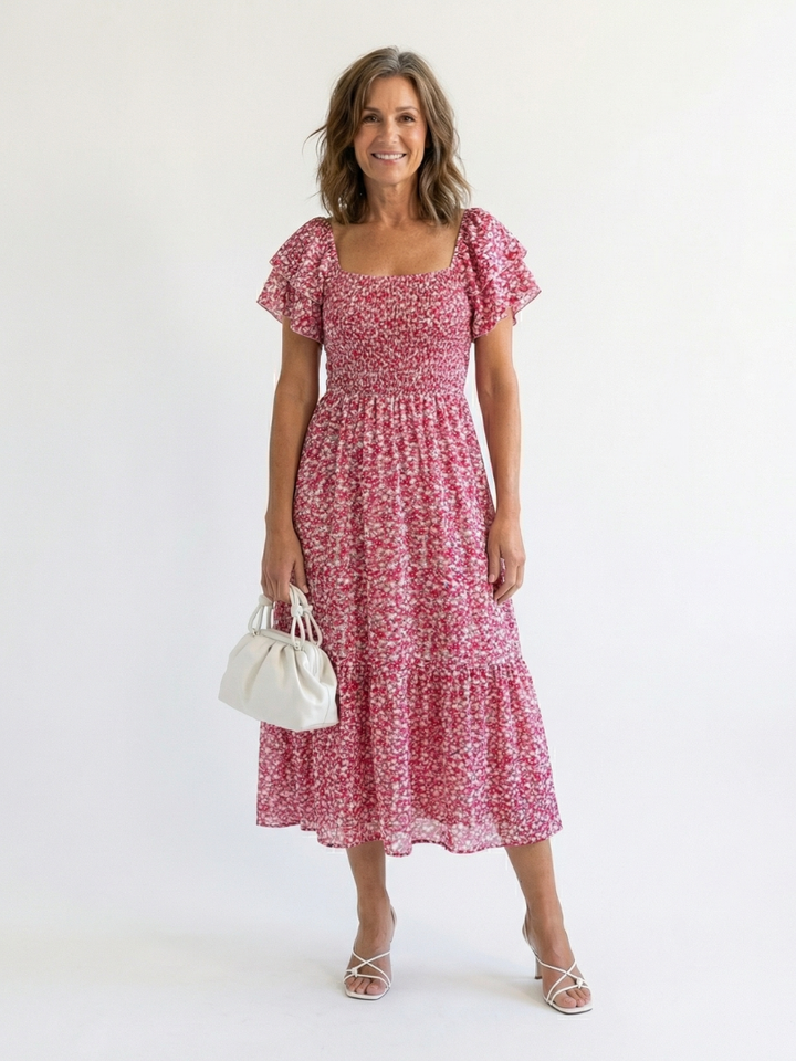 Ainhoa | Vestito midi con spalle scoperte, stampa floreale e arricciature