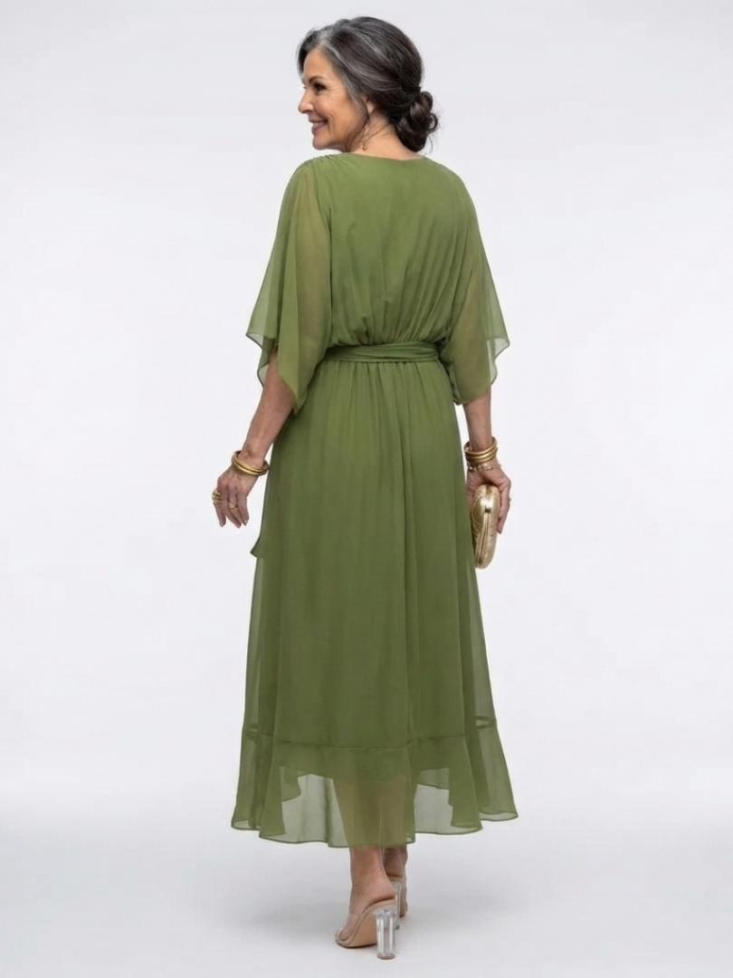 Jade | Abito midi con scollo a V, vita drappeggiata e fiocco
