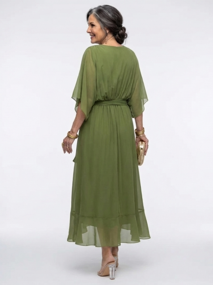 Jade | Abito midi con scollo a V, vita drappeggiata e fiocco