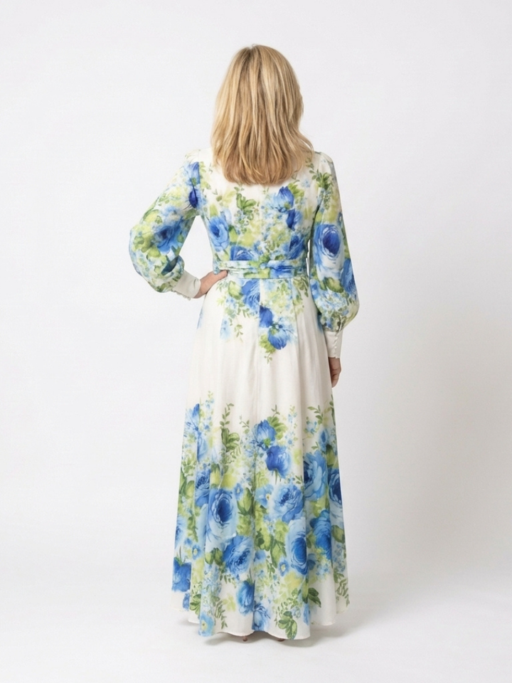 Leila | Vestito lungo a manica lunga con stampa floreale e bottoni sul davanti