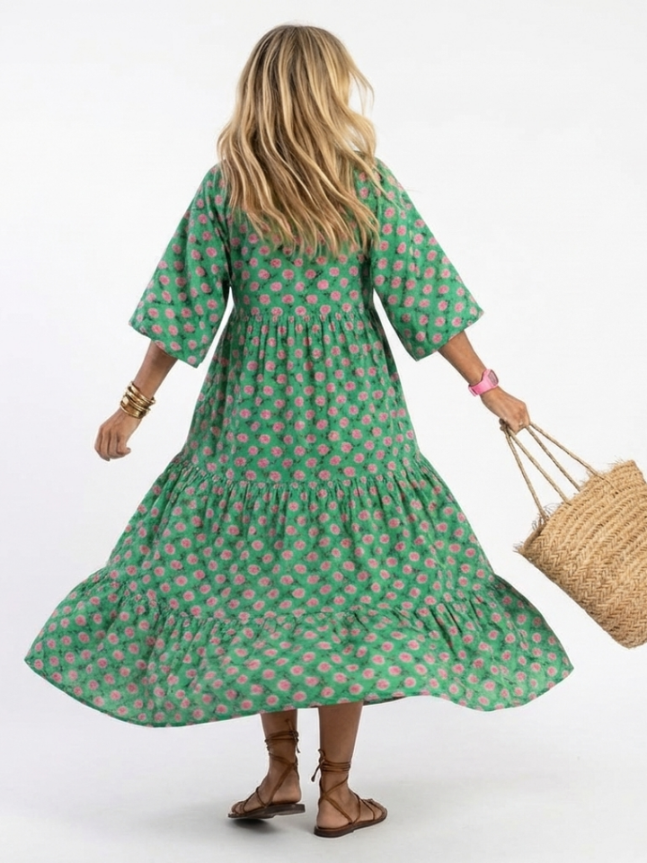 Fiora | Vestito midi con stampa floreale, scollo a V e strati