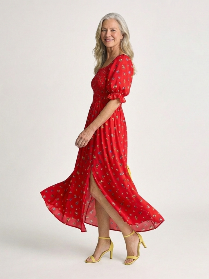 Yasmin | Vestito midi con colletto quadrato, stampa floreale e maniche a sbuffo