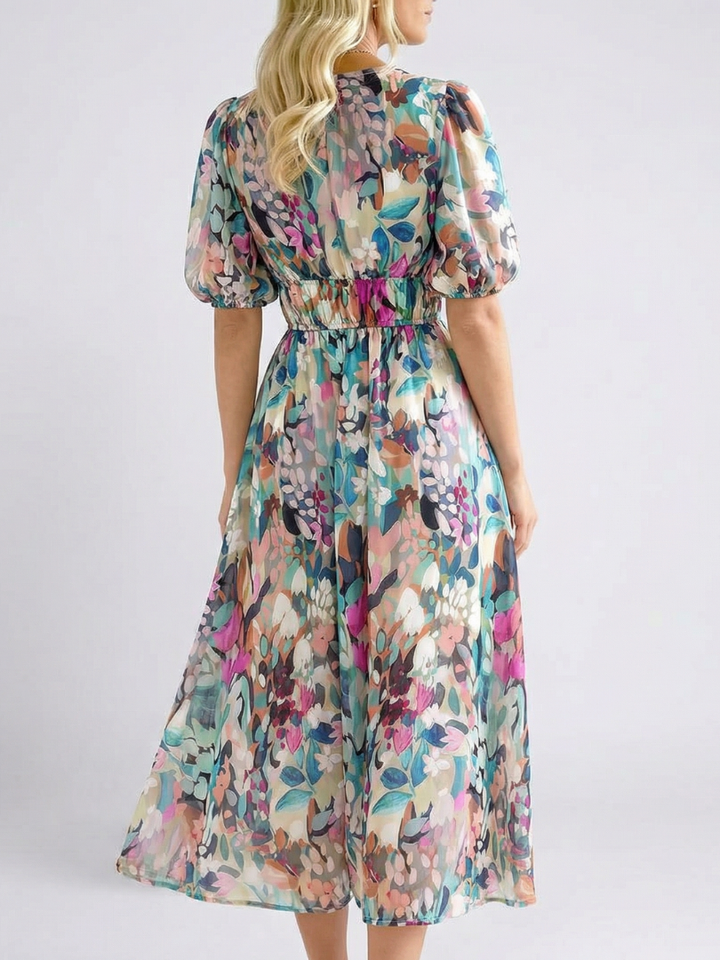 Eulalia | Vestito midi a manica corta con scollo a V e arricciatura in vita