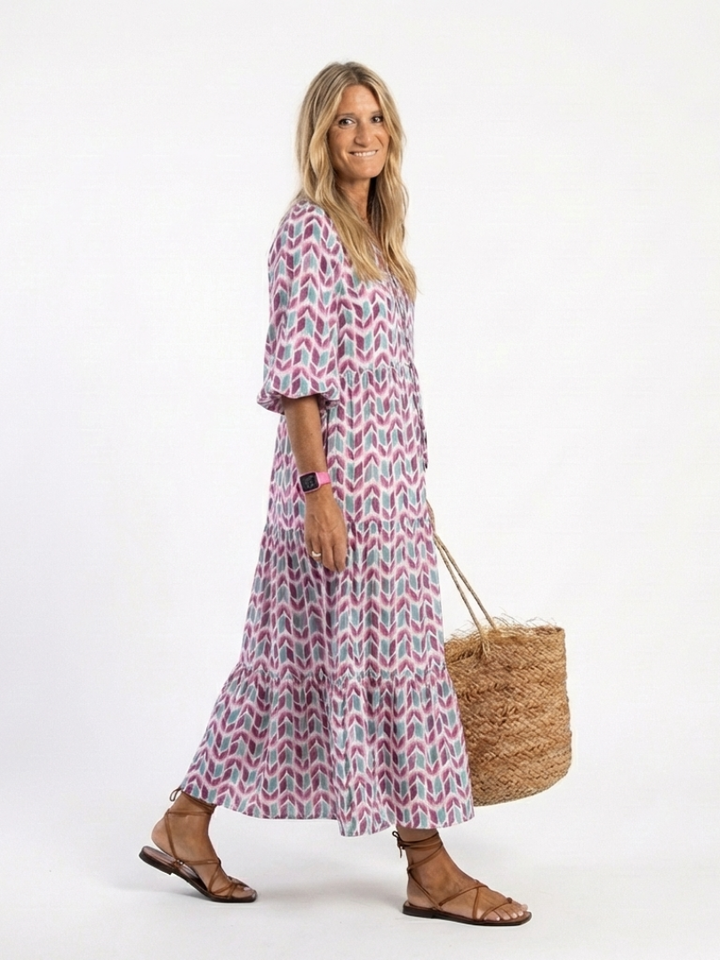 Nadia | Vestito midi a maniche lunghe con strati e stampa geometrica