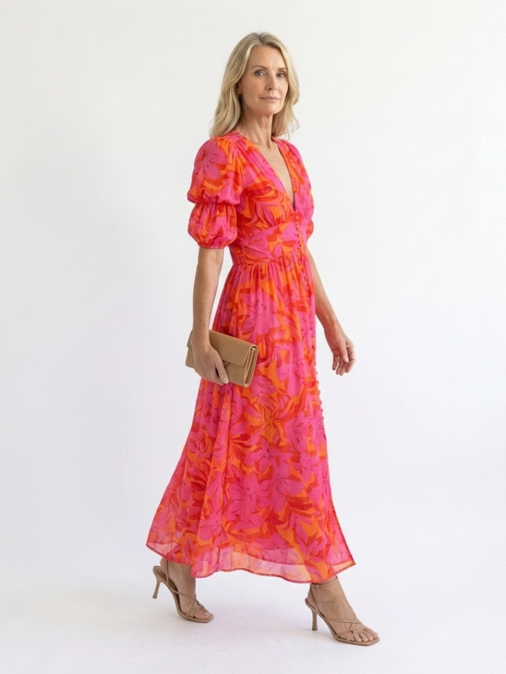 Alessia  | Vestito midi con stampa floreale, scollo a V e maniche a sbuffo