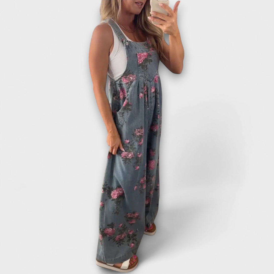 Bethany - Pantalone Salopette in Denim con Motivo Floreale