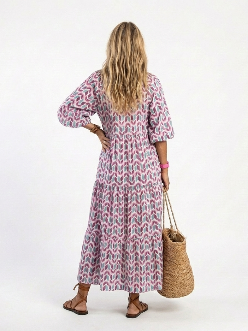 Nadia | Vestito midi a maniche lunghe con strati e stampa geometrica