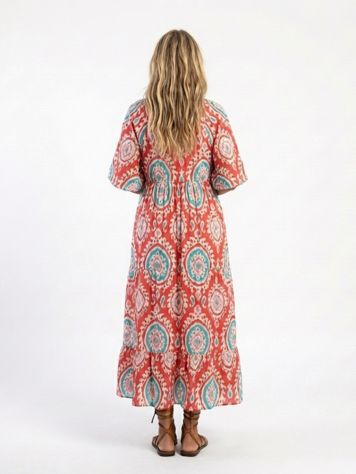 Zoe  | Vestito midi a manica corta con scollo a V e stampa Paisley