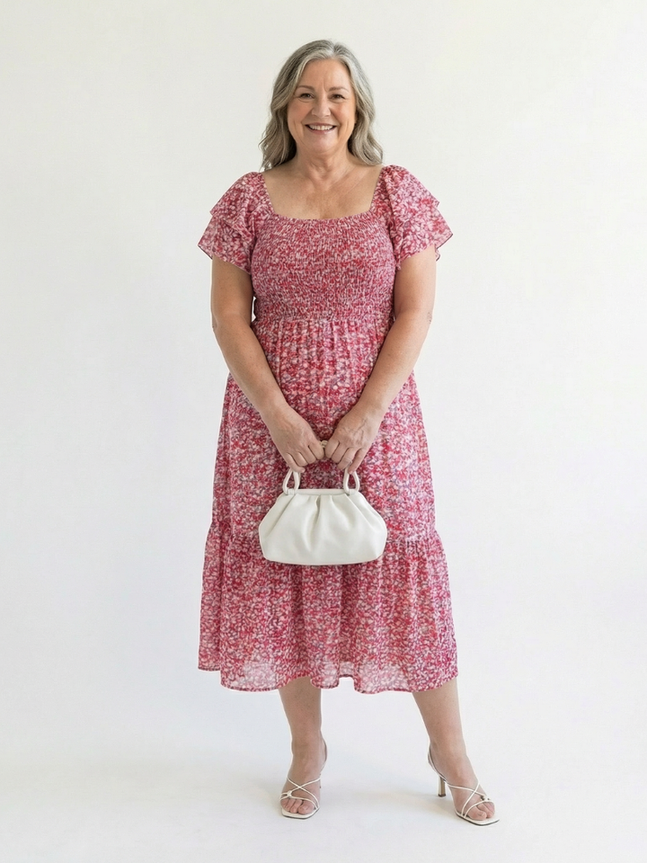 Ainhoa | Vestito midi con spalle scoperte, stampa floreale e arricciature