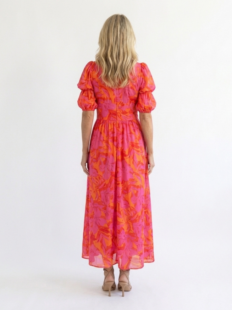Alessia  | Vestito midi con stampa floreale, scollo a V e maniche a sbuffo