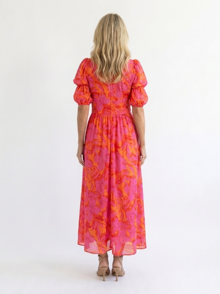 Alessia  | Vestito midi con stampa floreale, scollo a V e maniche a sbuffo