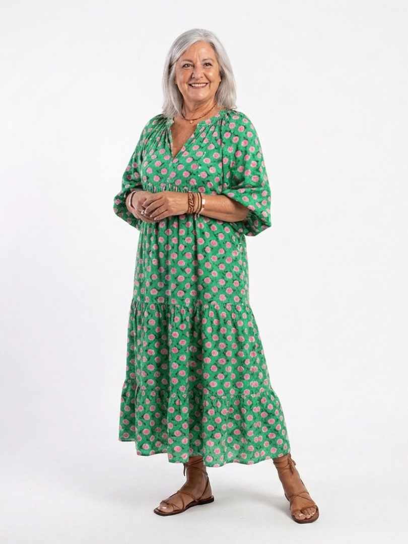 Fiora | Vestito midi con stampa floreale, scollo a V e strati