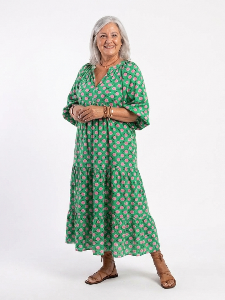 Fiora | Vestito midi con stampa floreale, scollo a V e strati