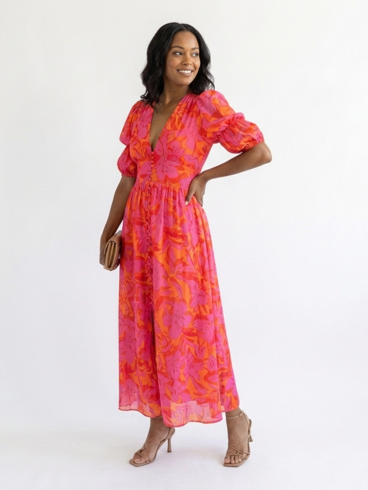 Alessia  | Vestito midi con stampa floreale, scollo a V e maniche a sbuffo