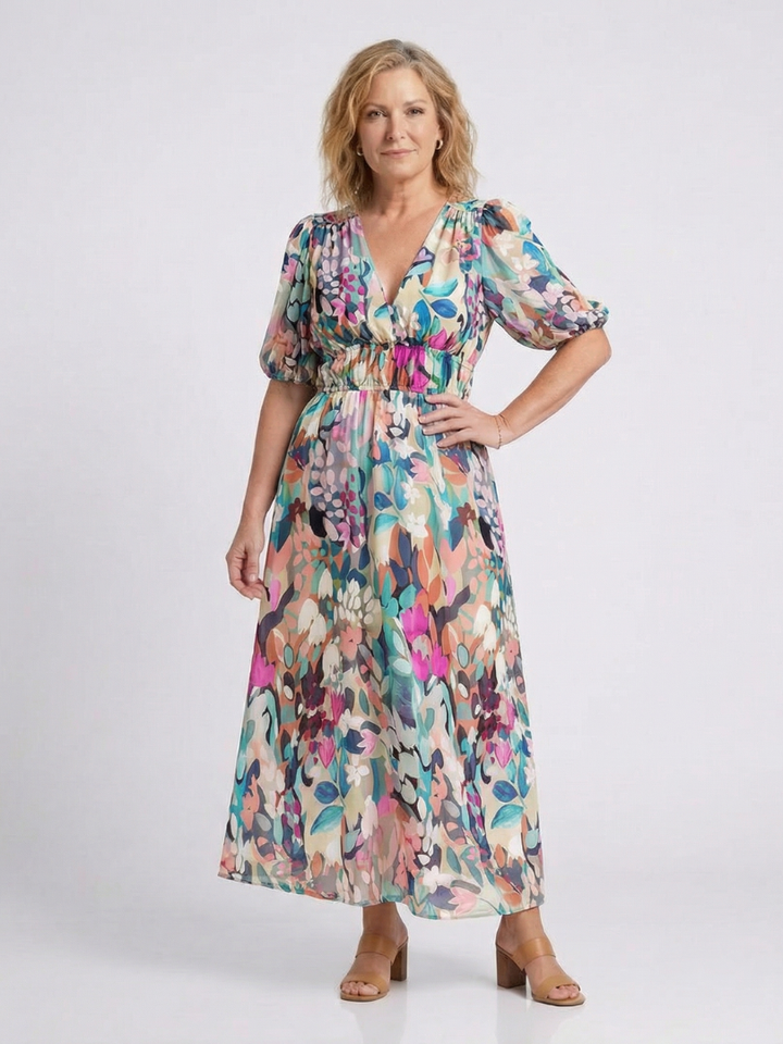 Eulalia | Vestito midi a manica corta con scollo a V e arricciatura in vita
