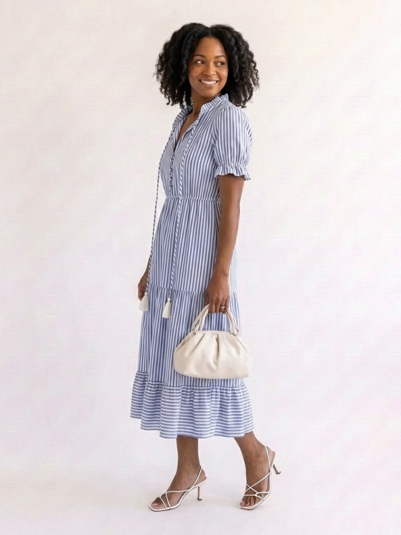 Dakota | Vestito midi con strati a righe e maniche corte