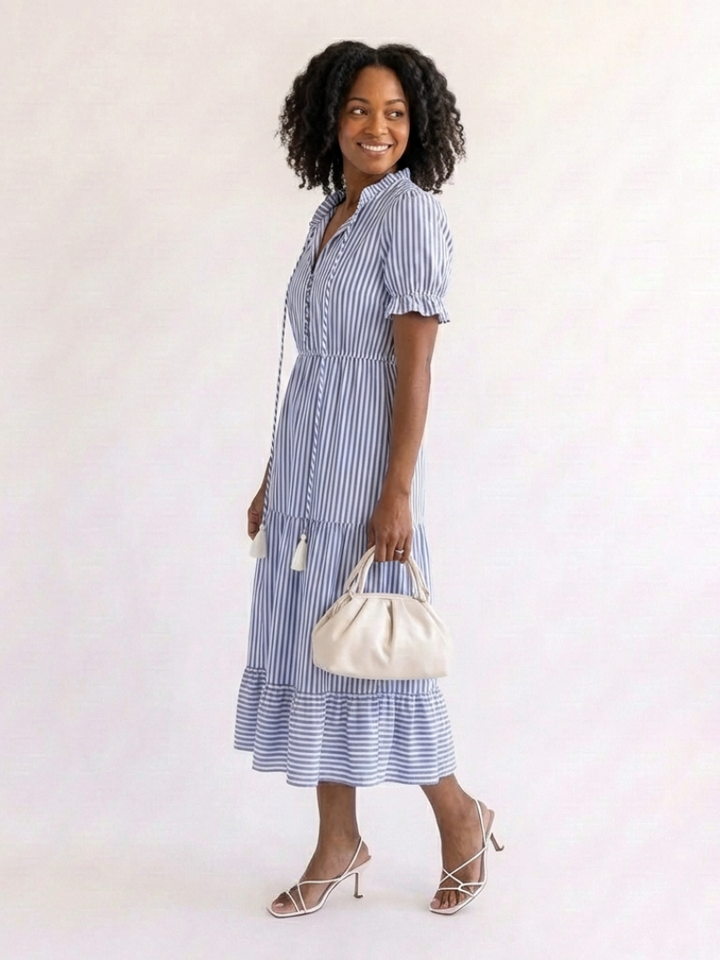 Dakota | Vestito midi con strati a righe e maniche corte