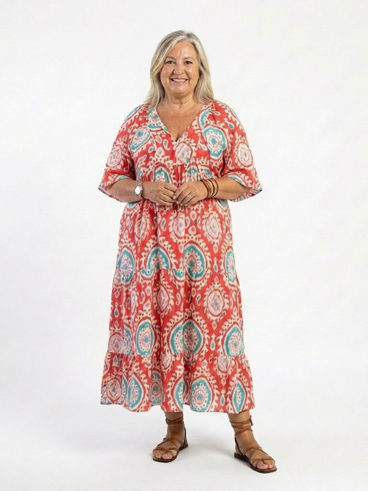 Zoe  | Vestito midi a manica corta con scollo a V e stampa Paisley