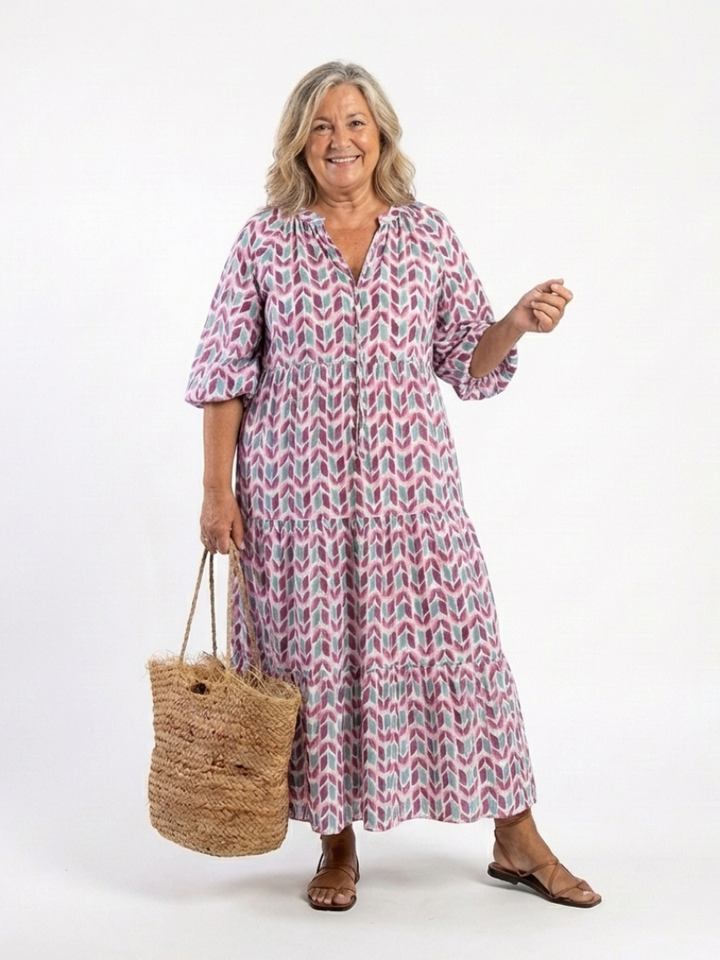 Nadia | Vestito midi a maniche lunghe con strati e stampa geometrica
