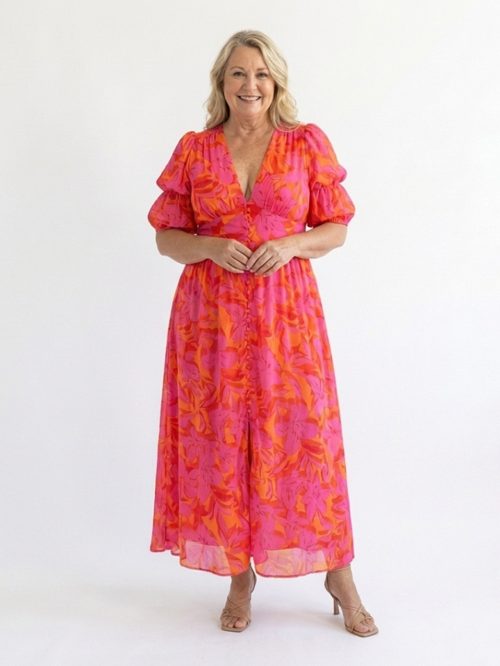 Alessia  | Vestito midi con stampa floreale, scollo a V e maniche a sbuffo