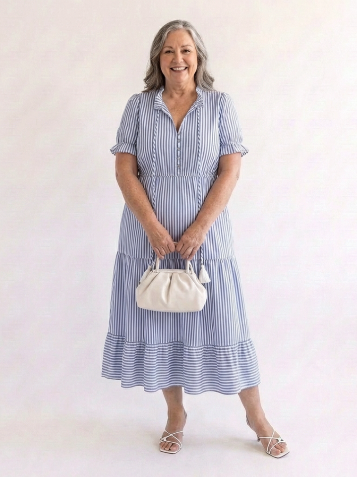Dakota | Vestito midi con strati a righe e maniche corte