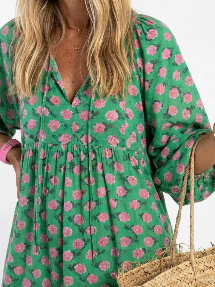 Fiora | Vestito midi con stampa floreale, scollo a V e strati