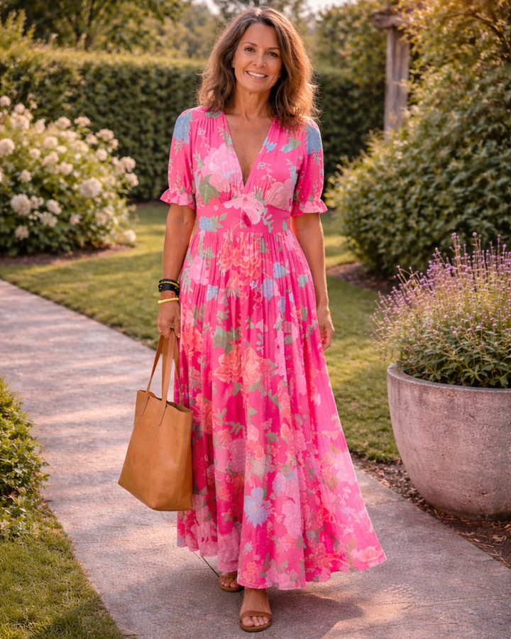 Carlota | Vestito midi floreale a maniche corte e scollo a V