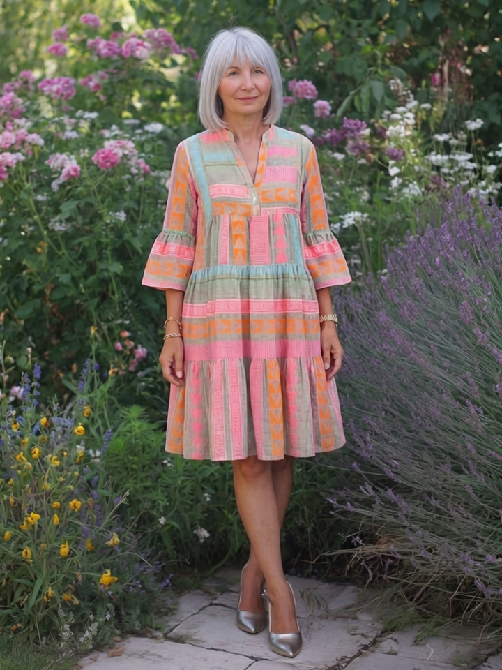 Emma | Vestito fino al ginocchio con scollo a V e volant, con stampa geometrica