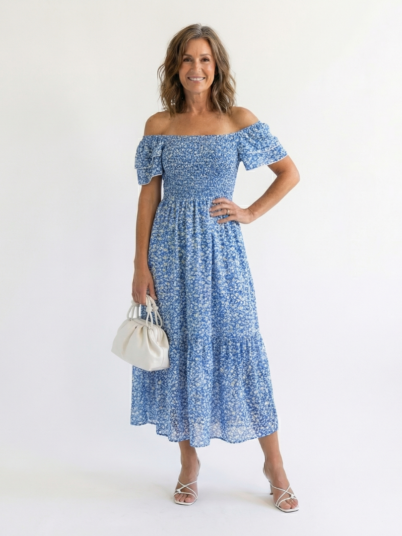 Ainhoa | Vestito midi con spalle scoperte, stampa floreale e arricciature