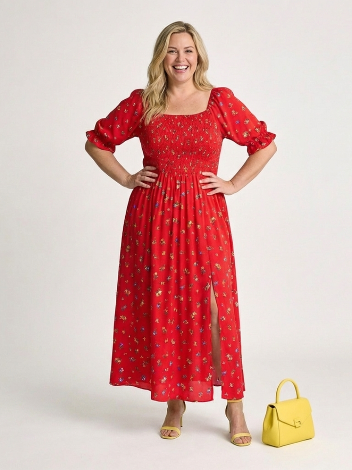 Yasmin | Vestito midi con colletto quadrato, stampa floreale e maniche a sbuffo