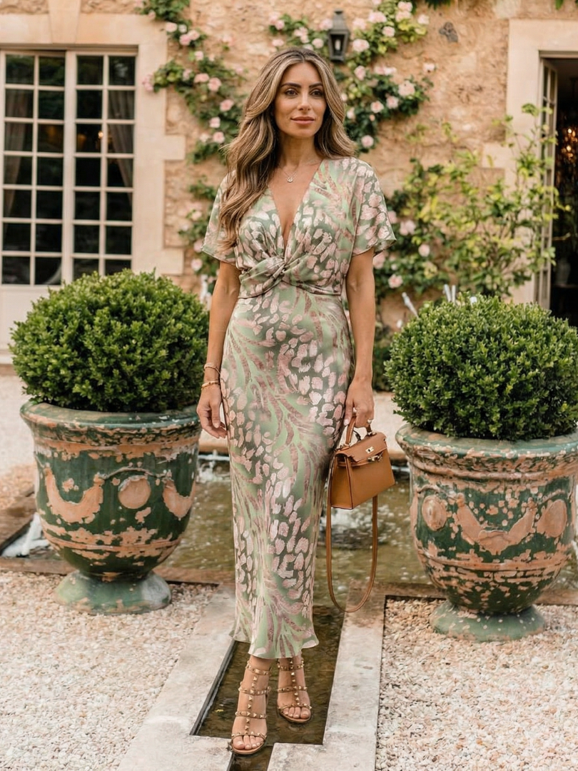 Corallo | Vestito midi con stampa astratta, scollo a V e vita intrecciata
