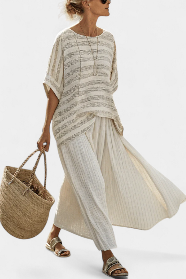 Graziella – top a righe in bambù naturale e pantaloni fluidi in lino