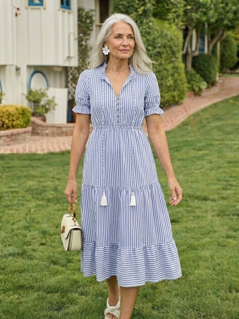 Dakota | Vestito midi con strati a righe e maniche corte