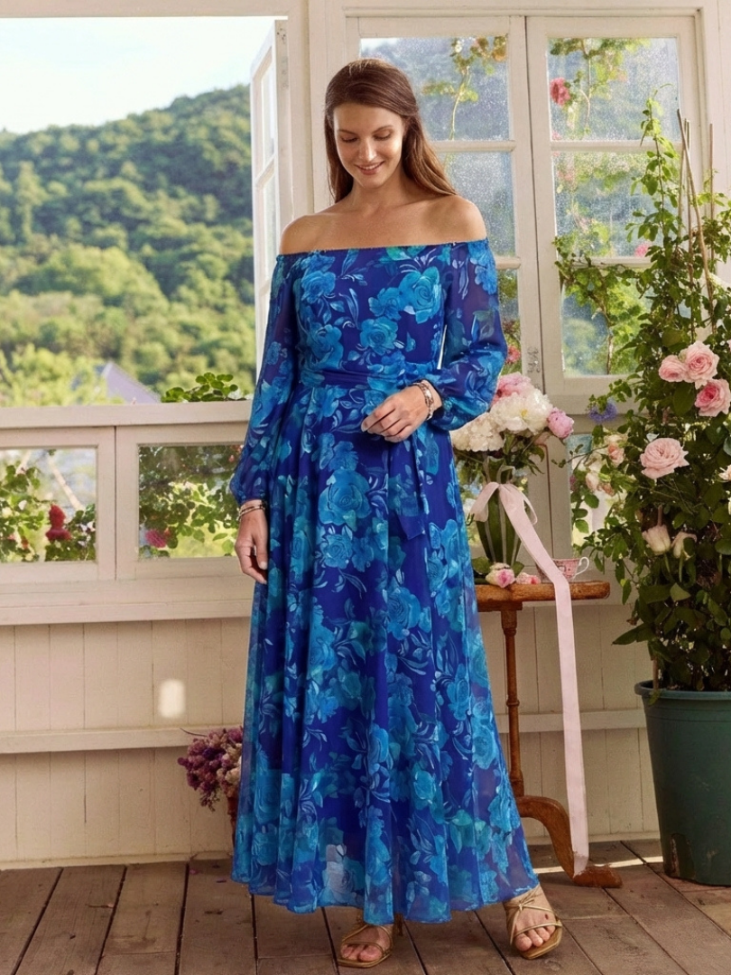Chloe | Vestito lungo floreale con spalle scoperte