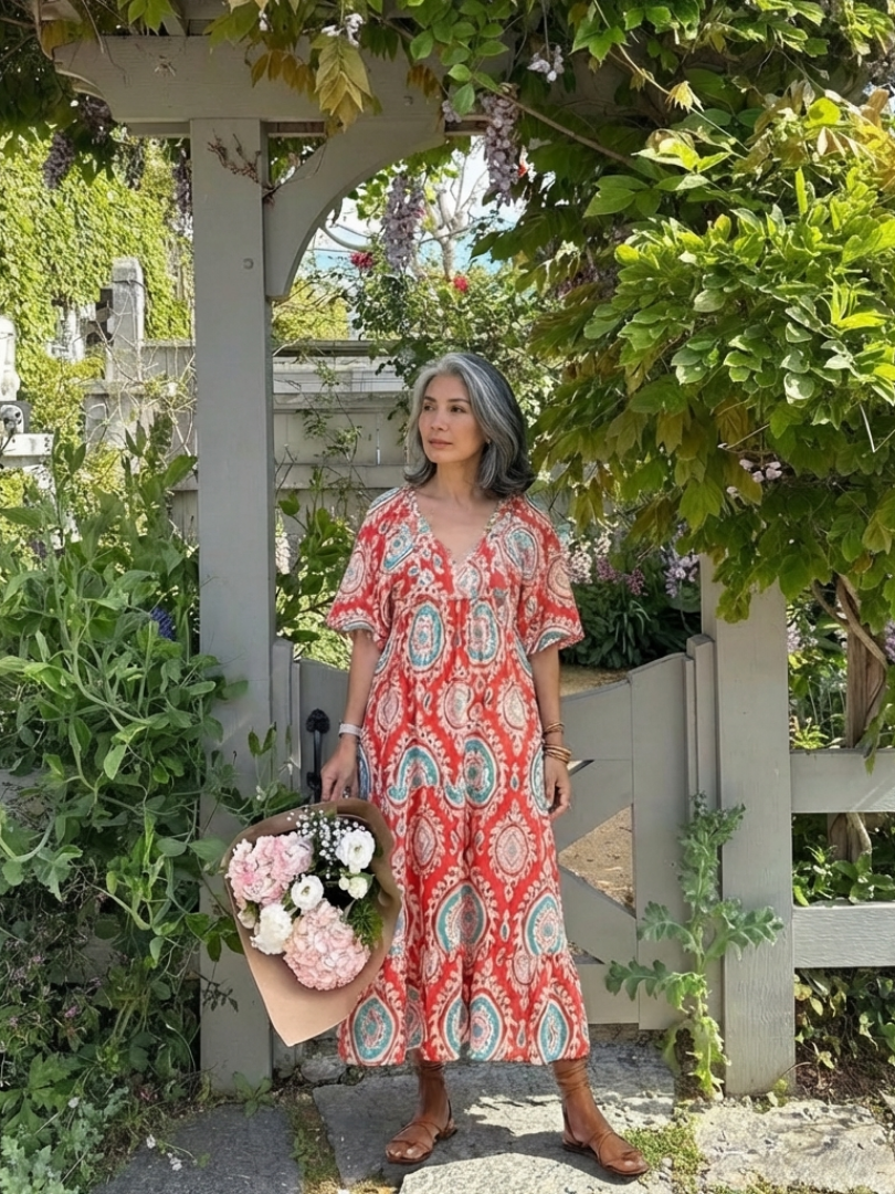 Zoe  | Vestito midi a manica corta con scollo a V e stampa Paisley