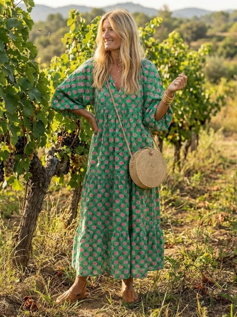 Fiora | Vestito midi con stampa floreale, scollo a V e strati