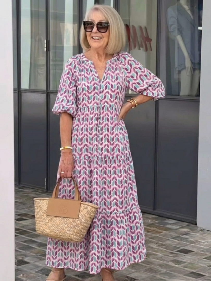 Nadia | Vestito midi a maniche lunghe con strati e stampa geometrica