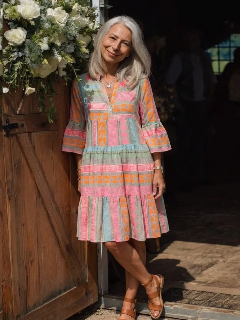 Emma | Vestito fino al ginocchio con scollo a V e volant, con stampa geometrica