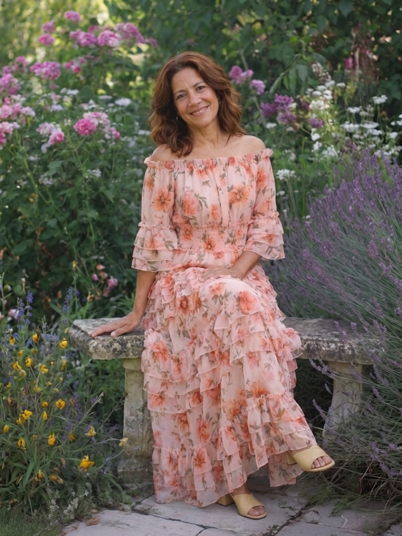 Rosalia | Abito lungo con volant floreali e spalle scoperte
