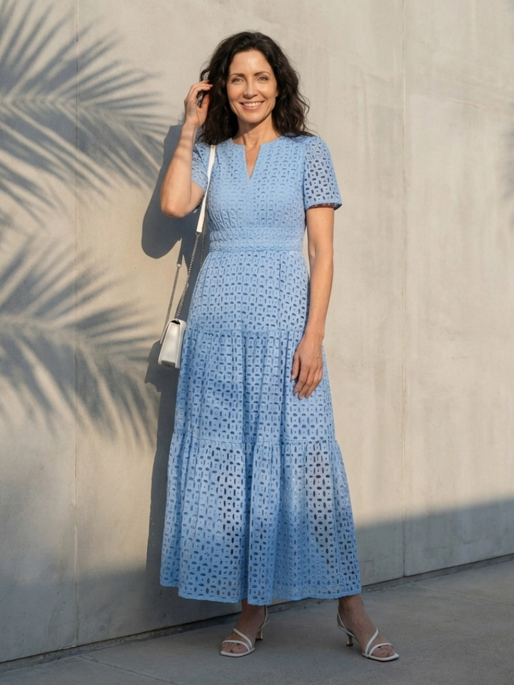 Ana | Vestito midi a maniche corte con scollatura a V e volant