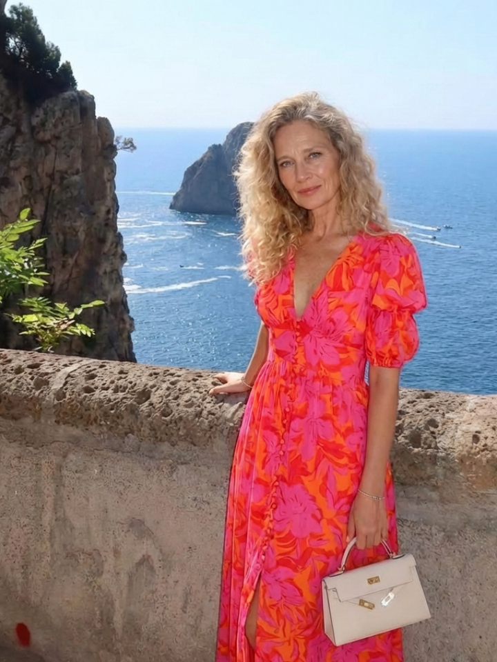 Alessia  | Vestito midi con stampa floreale, scollo a V e maniche a sbuffo