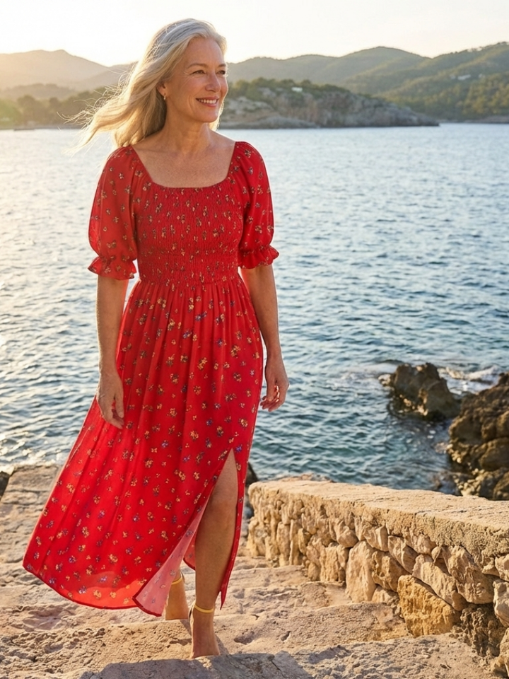 Yasmin | Vestito midi con colletto quadrato, stampa floreale e maniche a sbuffo